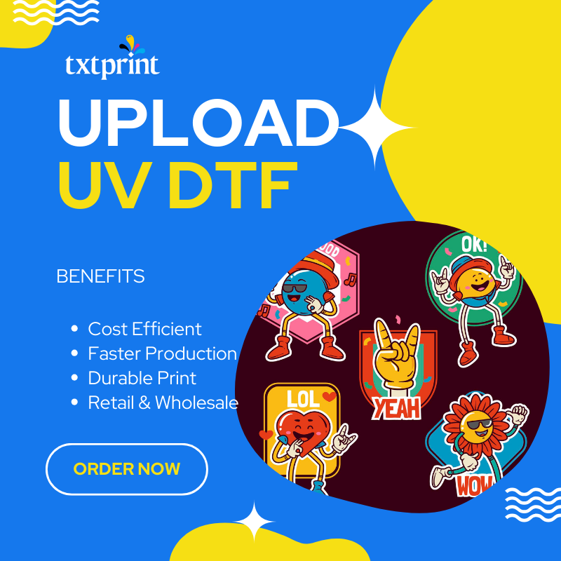 UV DTF gang sheet transfers applied to a mug, phone case, and fabric bag, showcasing vibrant, scratch-resistant designs. Order now at TxTPrint.