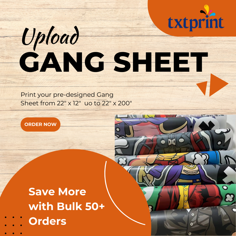 Custom DTF gang sheet with vibrant transfers on high-quality film, optimized for bulk printing. Sizes from 22x12” to 22x200”