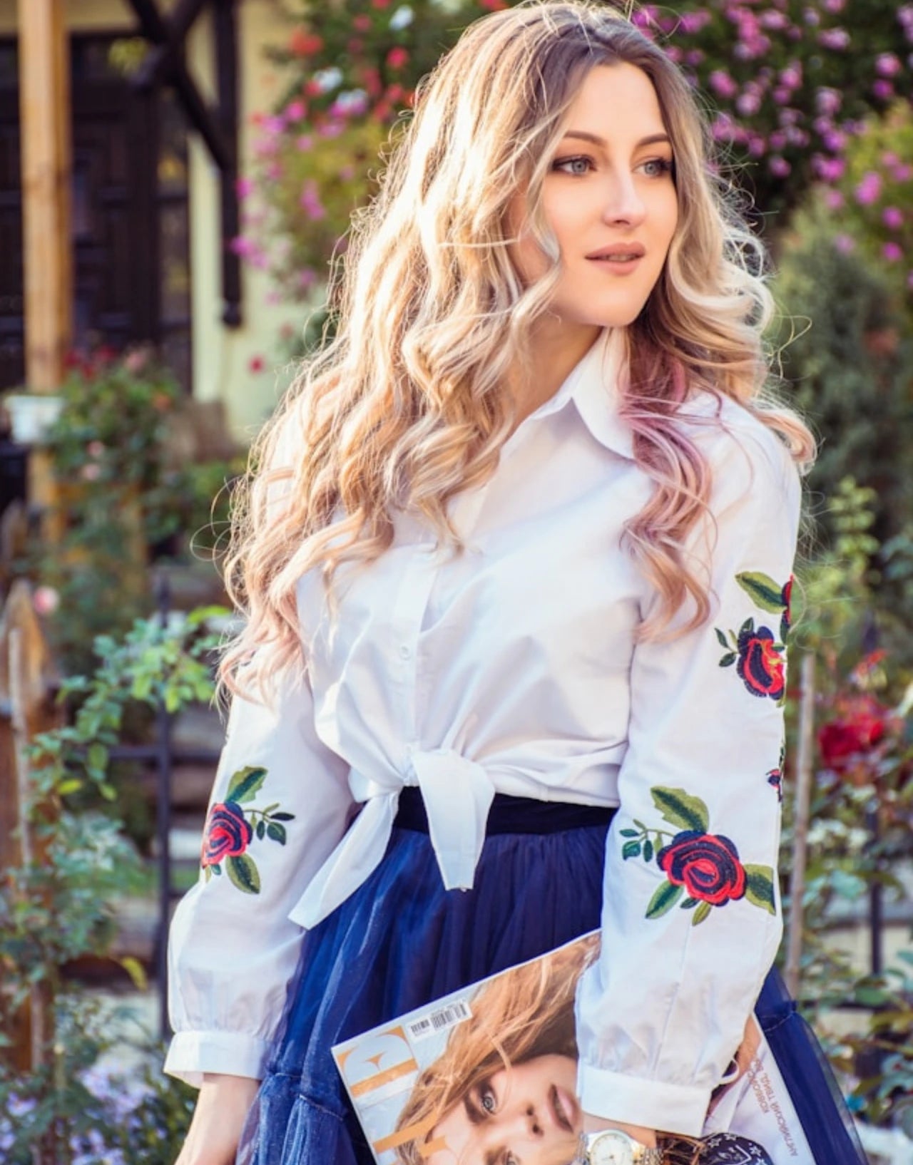 a woman model wearing embroidery printed top-TxTPrint Texas