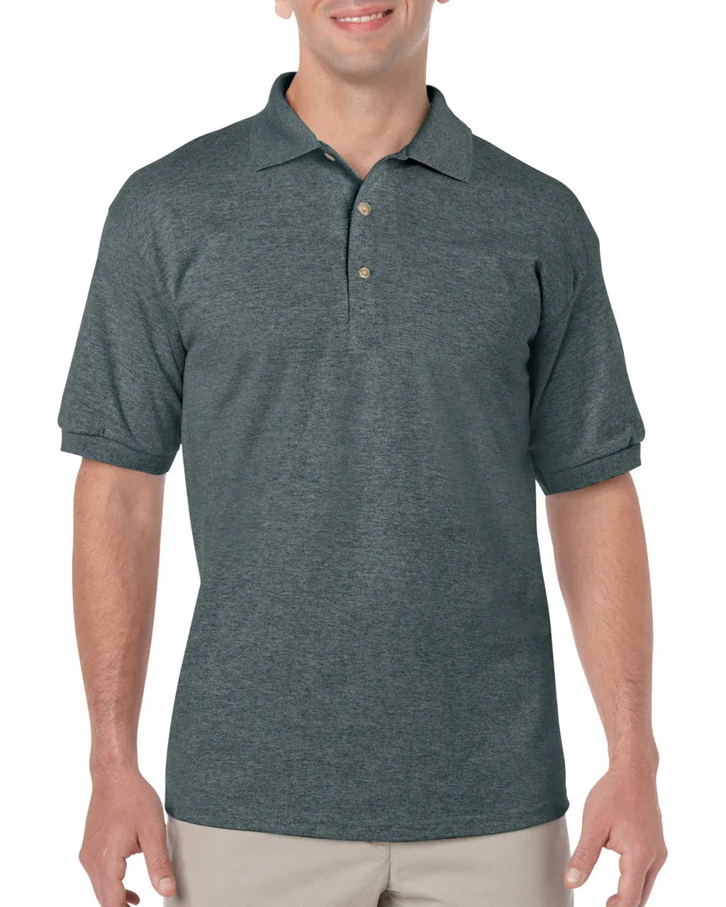 Man wearing a dark gray polo shirt on a white background