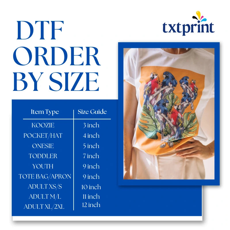 Custom DTF transfer in multiple sizes applied to a t-shirt. Precision-cut design with vibrant colors for apparel, wall art, or decals.