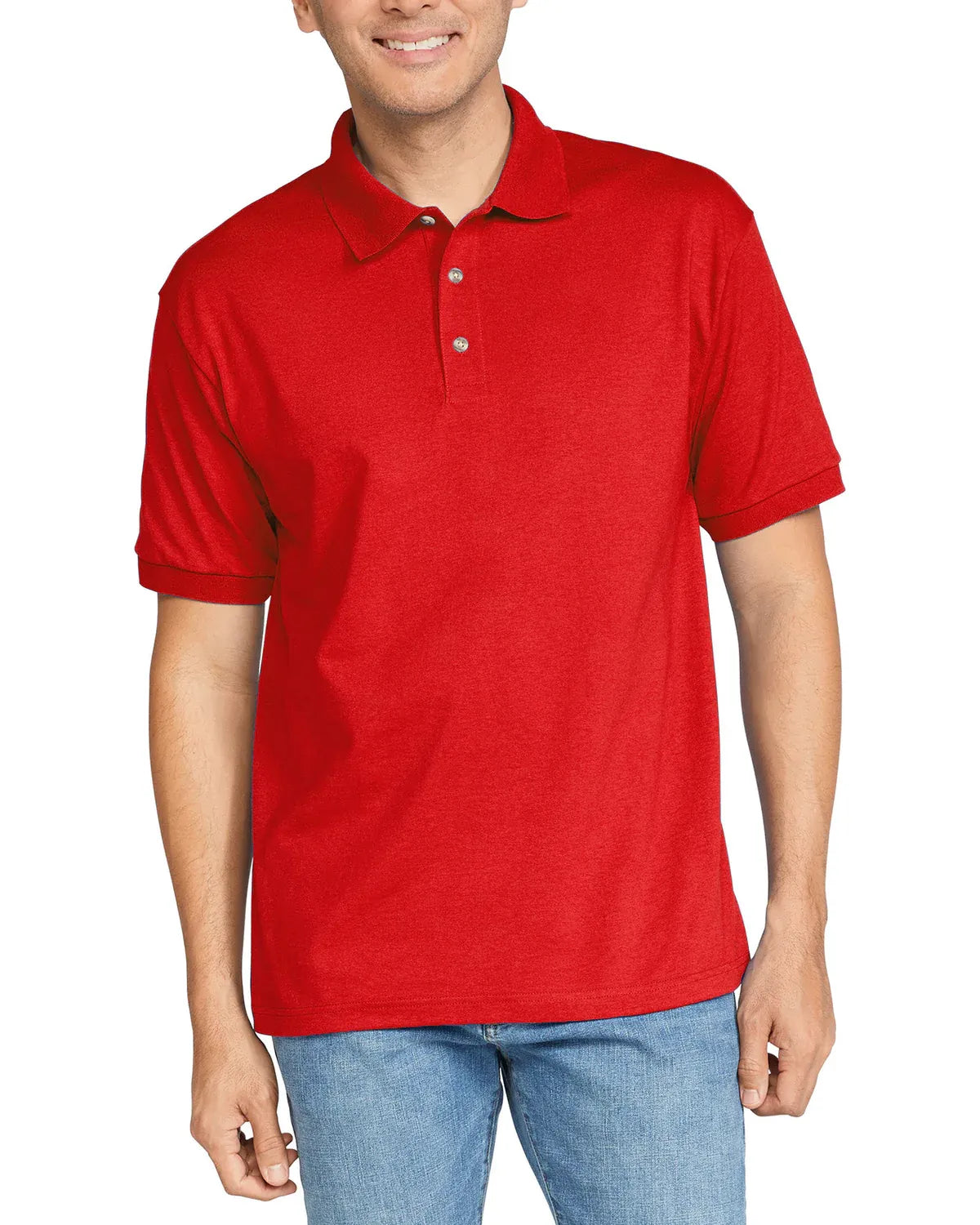 Person wearing a red polo shirt on a white background