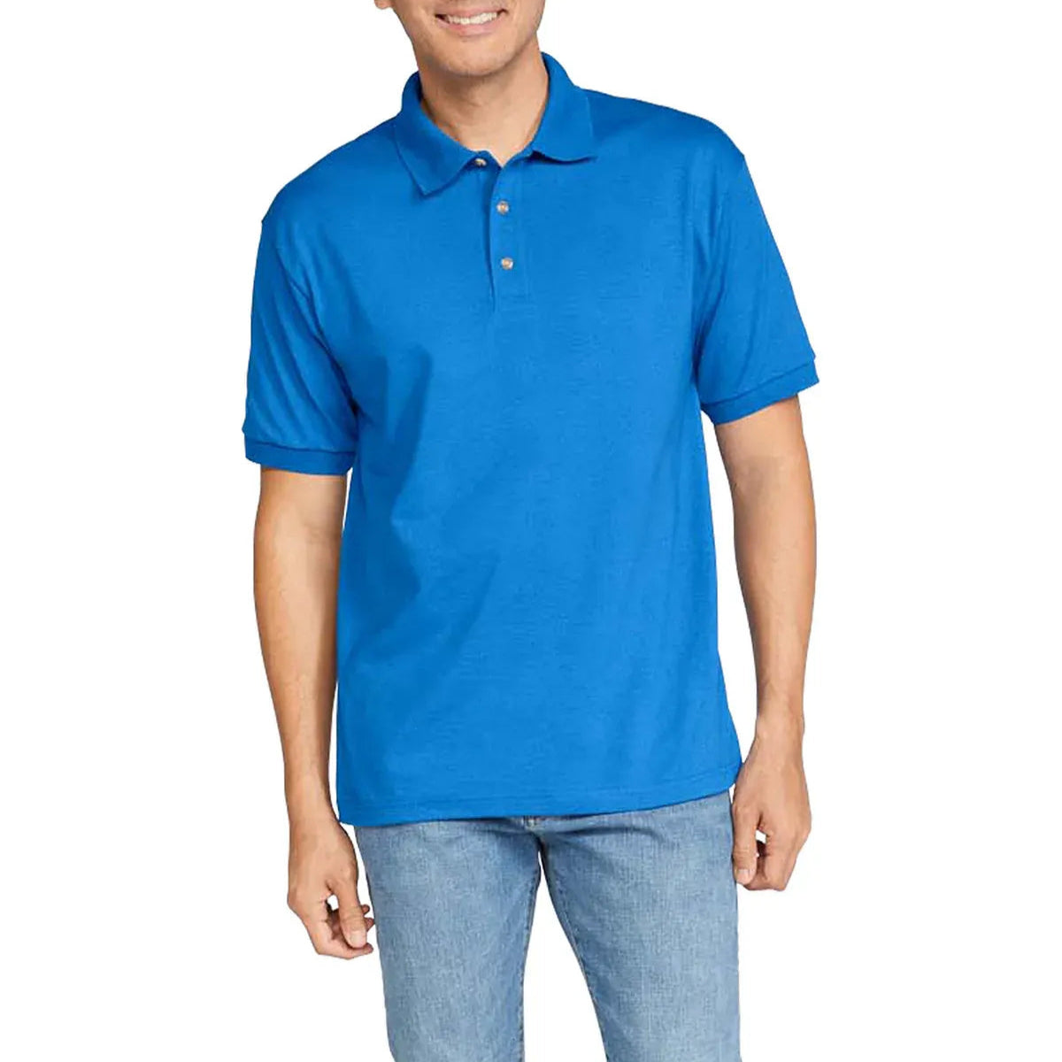 Man wearing a blue polo shirt on a white background