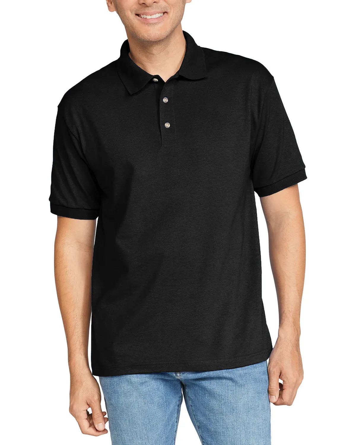 Person wearing a black polo shirt on a white background